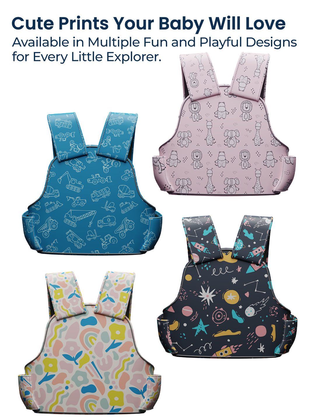 Four children's patterned vests on a white background with text about available designs.