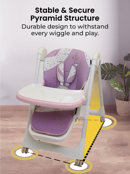Purple and white high chair with stable pyramid structure on a wooden floor.