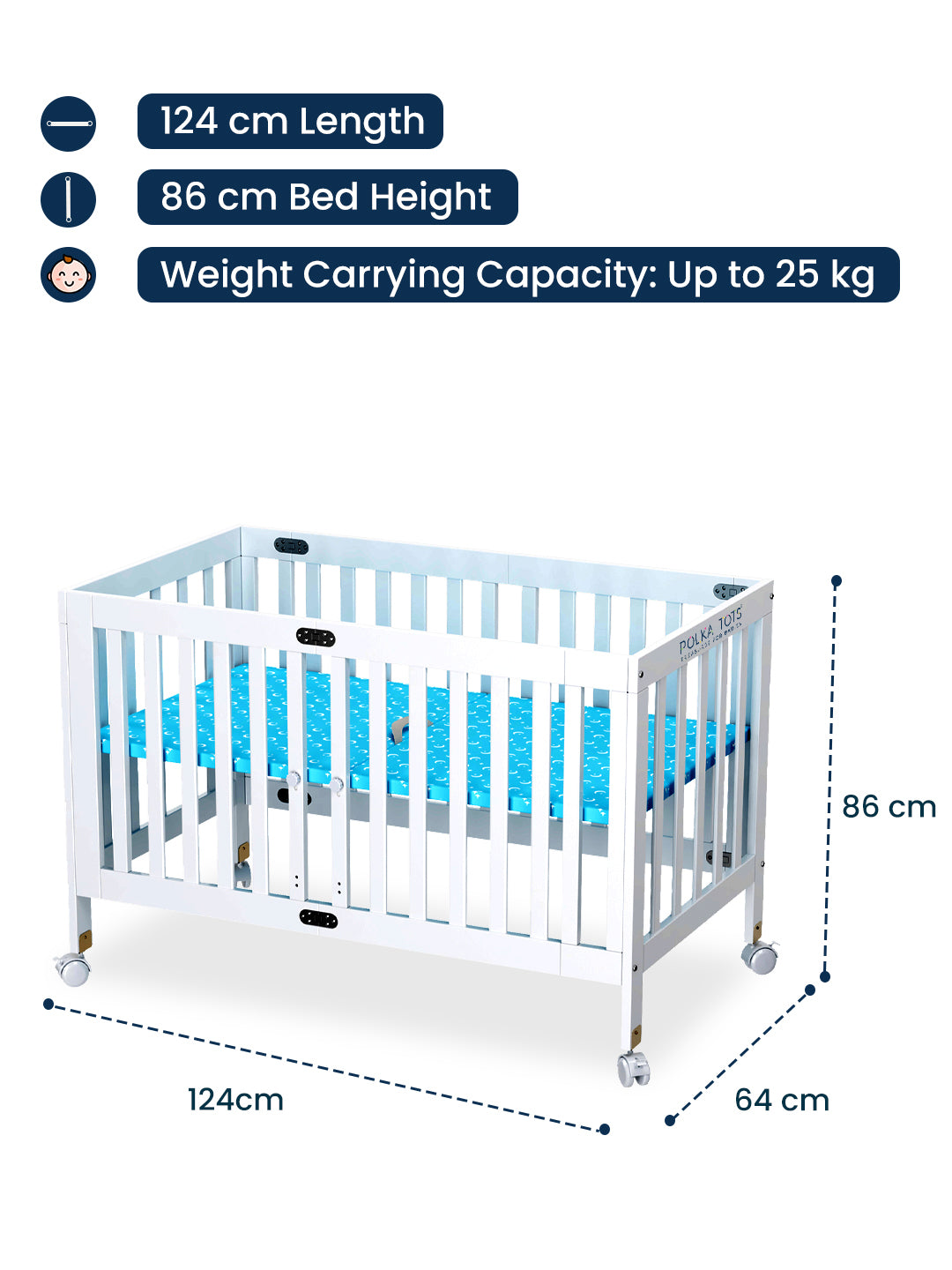 White crib with blue mattress, dimensions, and weight capacity displayed on a white background