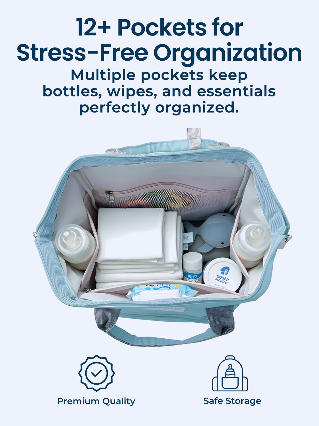 Backpack with multiple pockets containing bottles and wipes on a white background