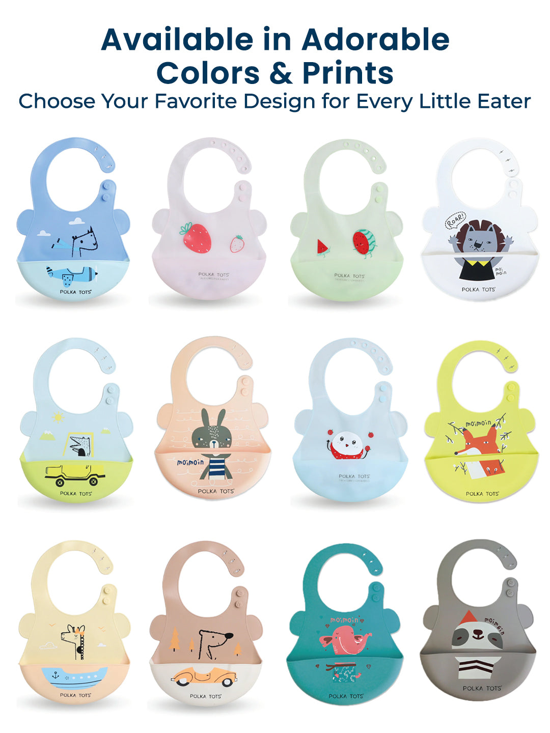Collection of colorful baby bibs with various designs on a white background.