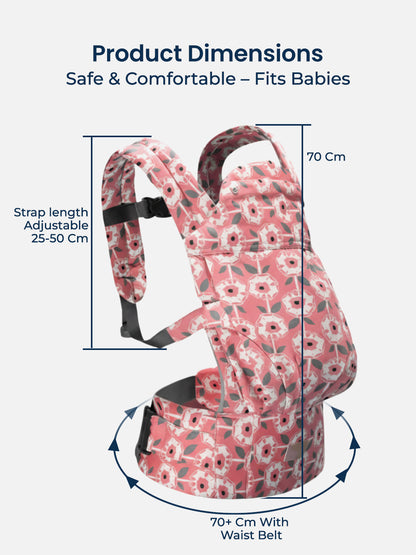 Floral baby carrier with dimensions on a white background