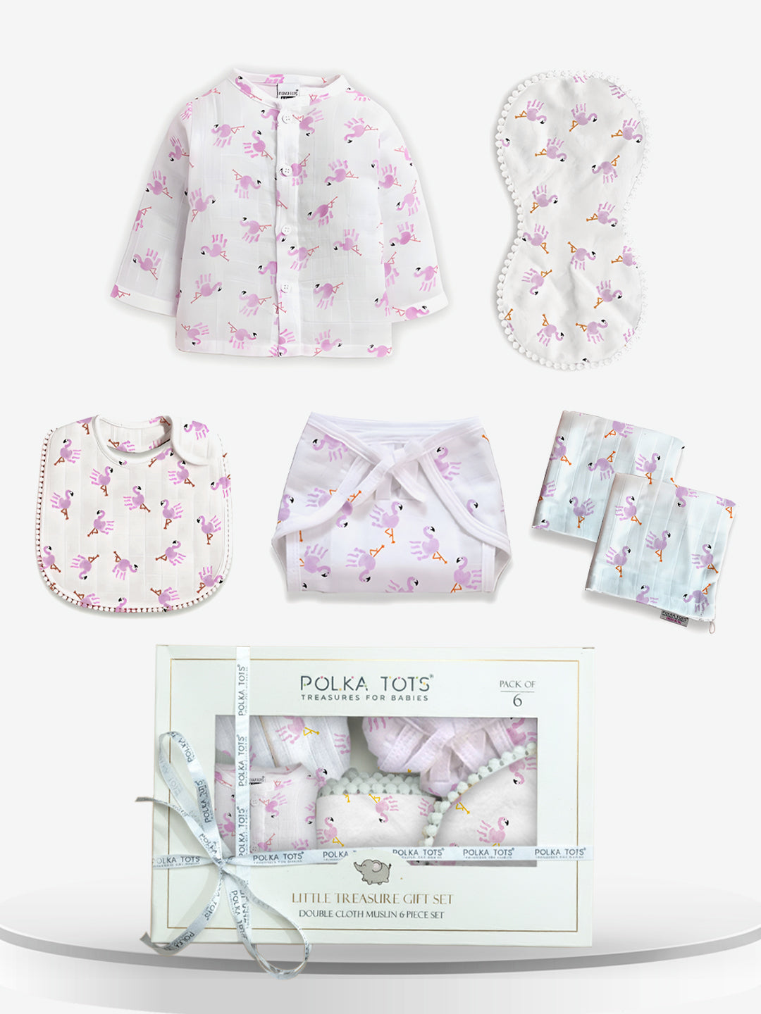Polka Tots Newborn Pack of 6 100% Soft Double-Layer Muslin Cotton Essentials Gift Box - Flamingo Fingers Print