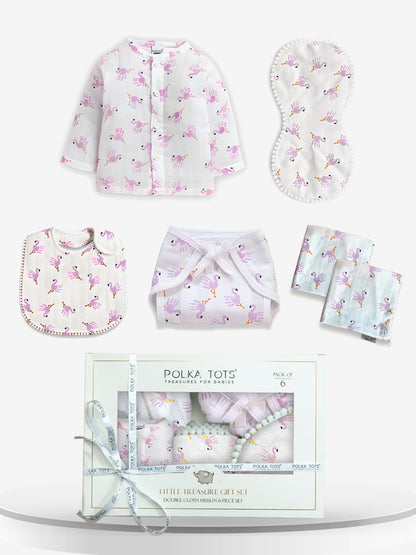 Polka Tots Newborn Pack of 6 100% Soft Double-Layer Muslin Cotton Essentials Gift Box - Flamingo Fingers Print