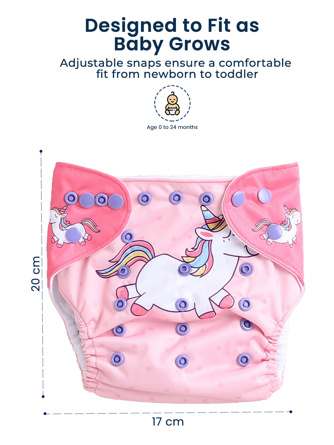 Pink baby diaper with unicorn design and adjustable snaps, labeled 'Designed to Fit as Baby Grows'.