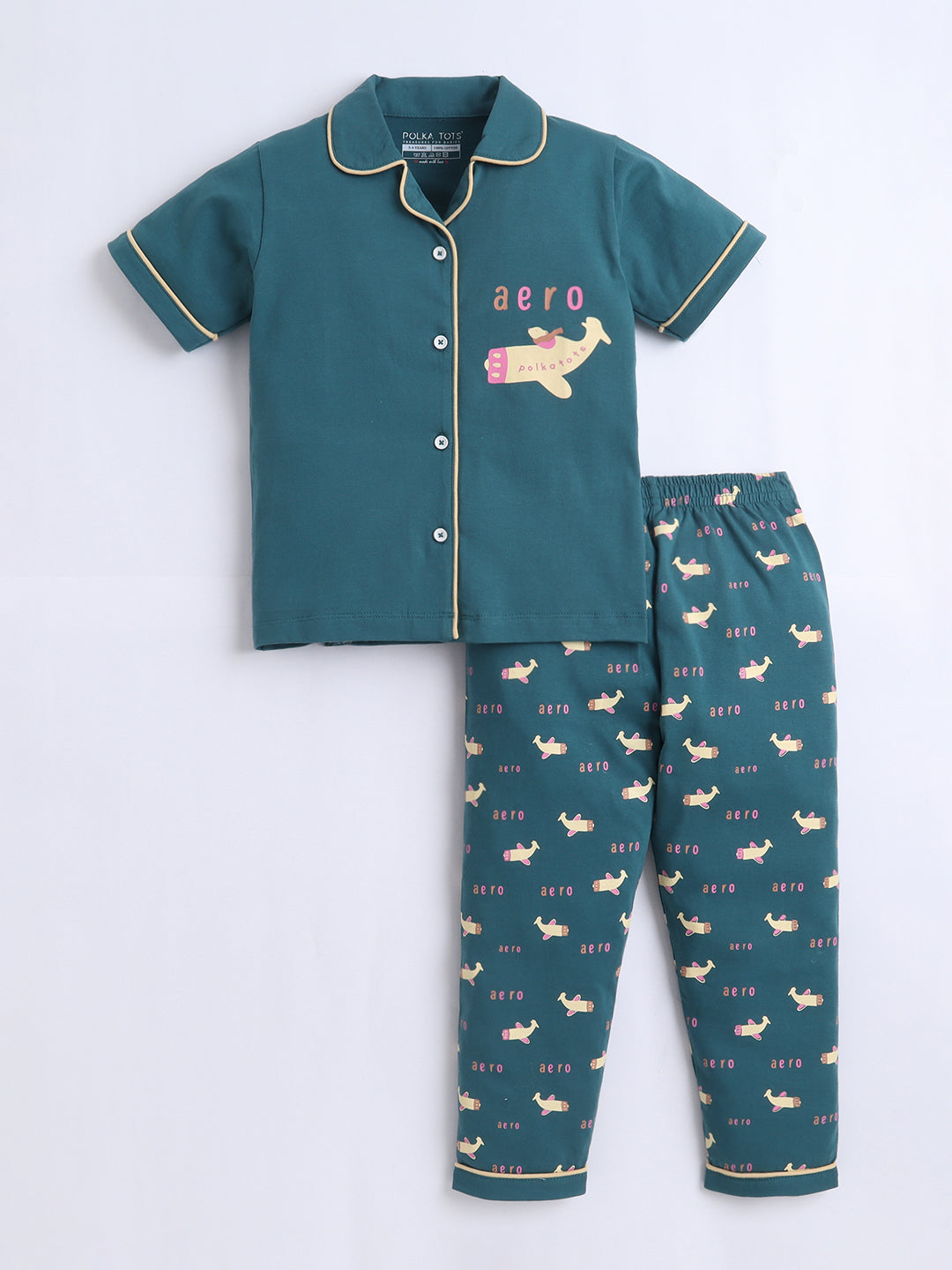 Children's pajama set with airplane design on a white background