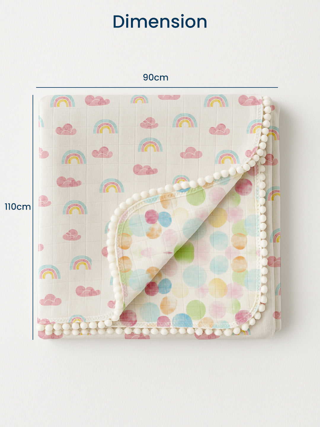 Polka Tots 100% Soft Muslin Cotton 3-Layer Reversible Baby Blanket/Dohar with Pom-Pom Lace - Rainbow Mist & Polka Dots Print