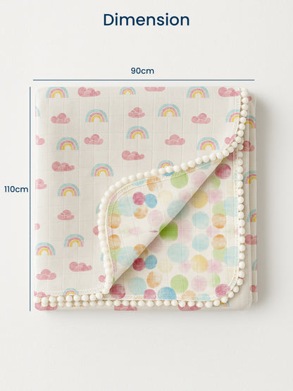 Polka Tots 100% Soft Muslin Cotton 3-Layer Reversible Baby Blanket/Dohar with Pom-Pom Lace - Rainbow Mist & Polka Dots Print