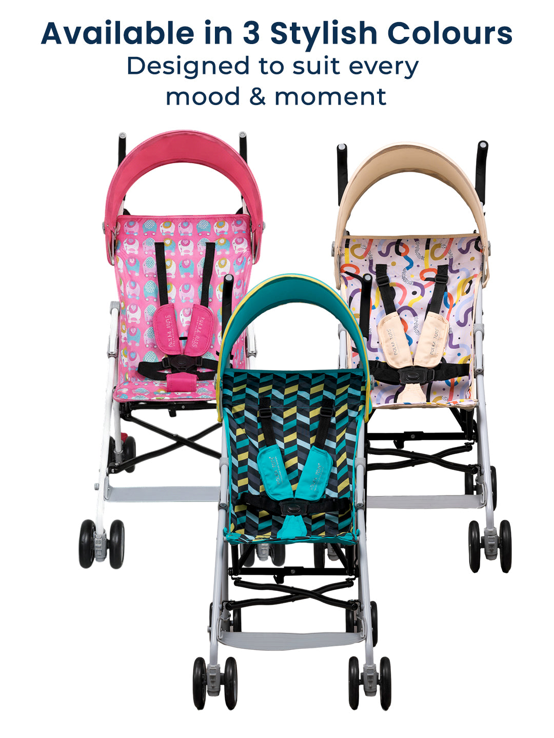 Three colorful strollers with patterns, text about color options and design versatility.