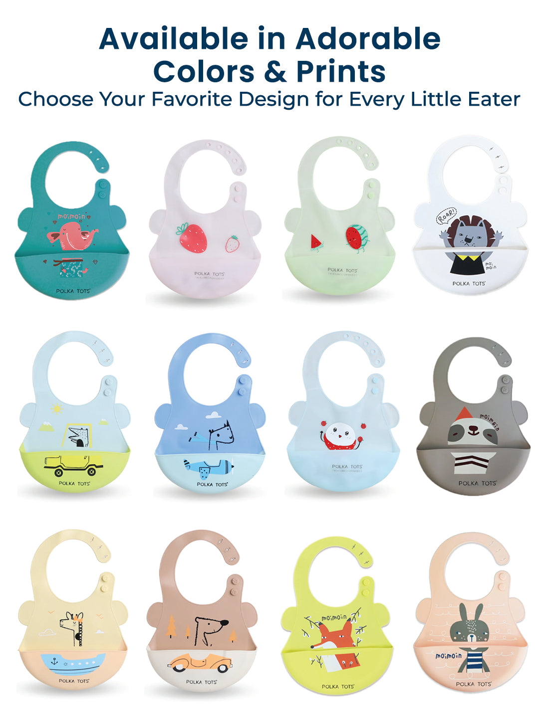 Collection of colorful baby bibs with various designs on a white background