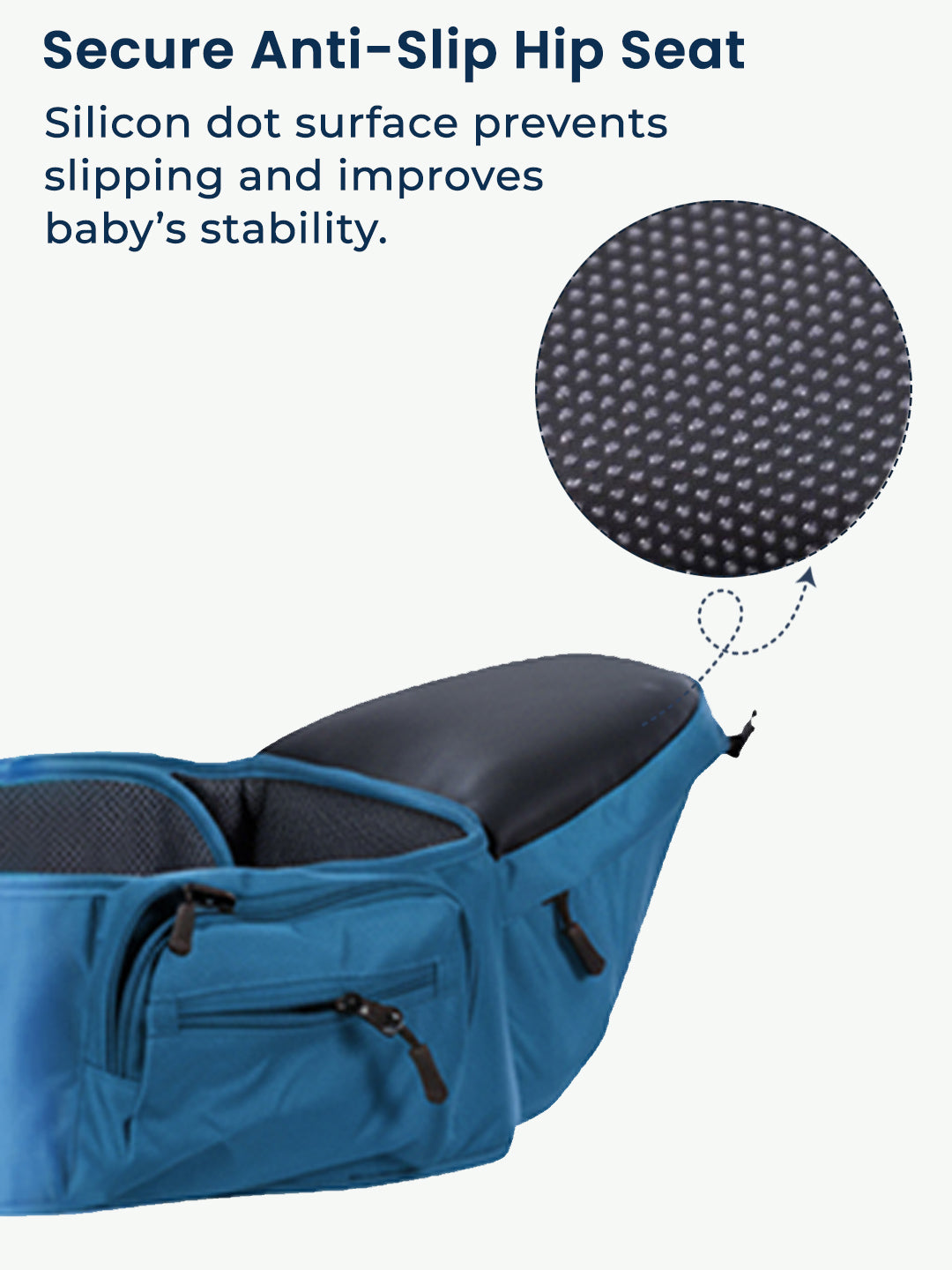 Blue baby carrier with anti-slip hip seat and close-up of silicone dot surface.