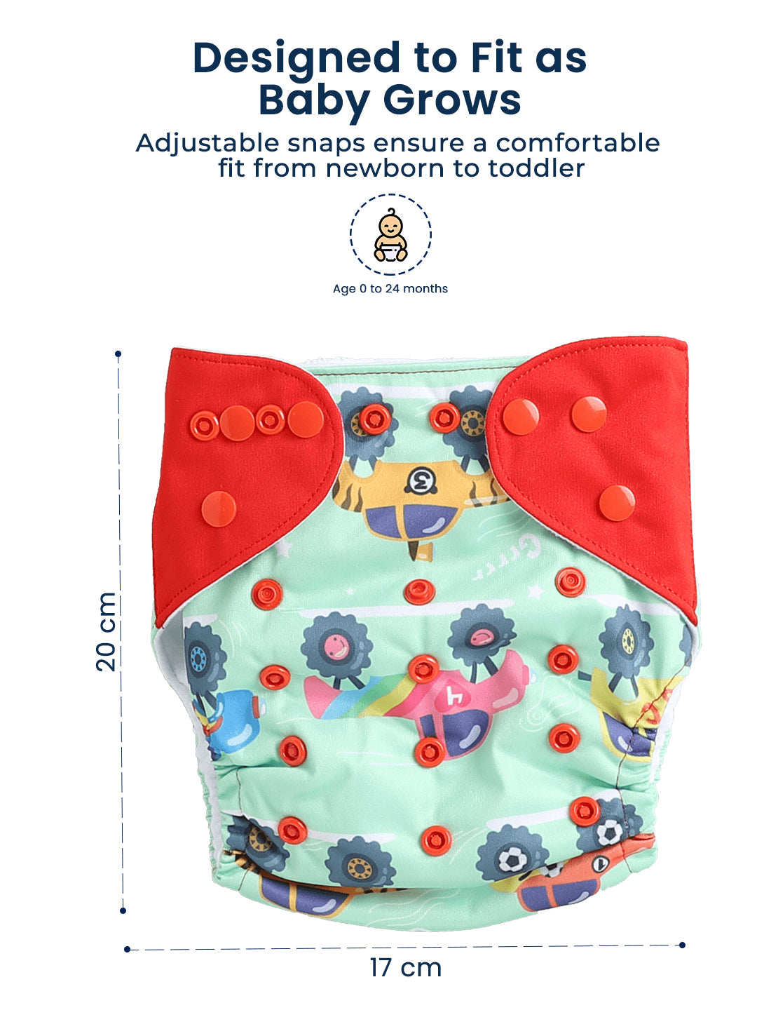 Baby diaper with colorful design and red accents, labeled 'Designed to Fit as Baby Grows'.