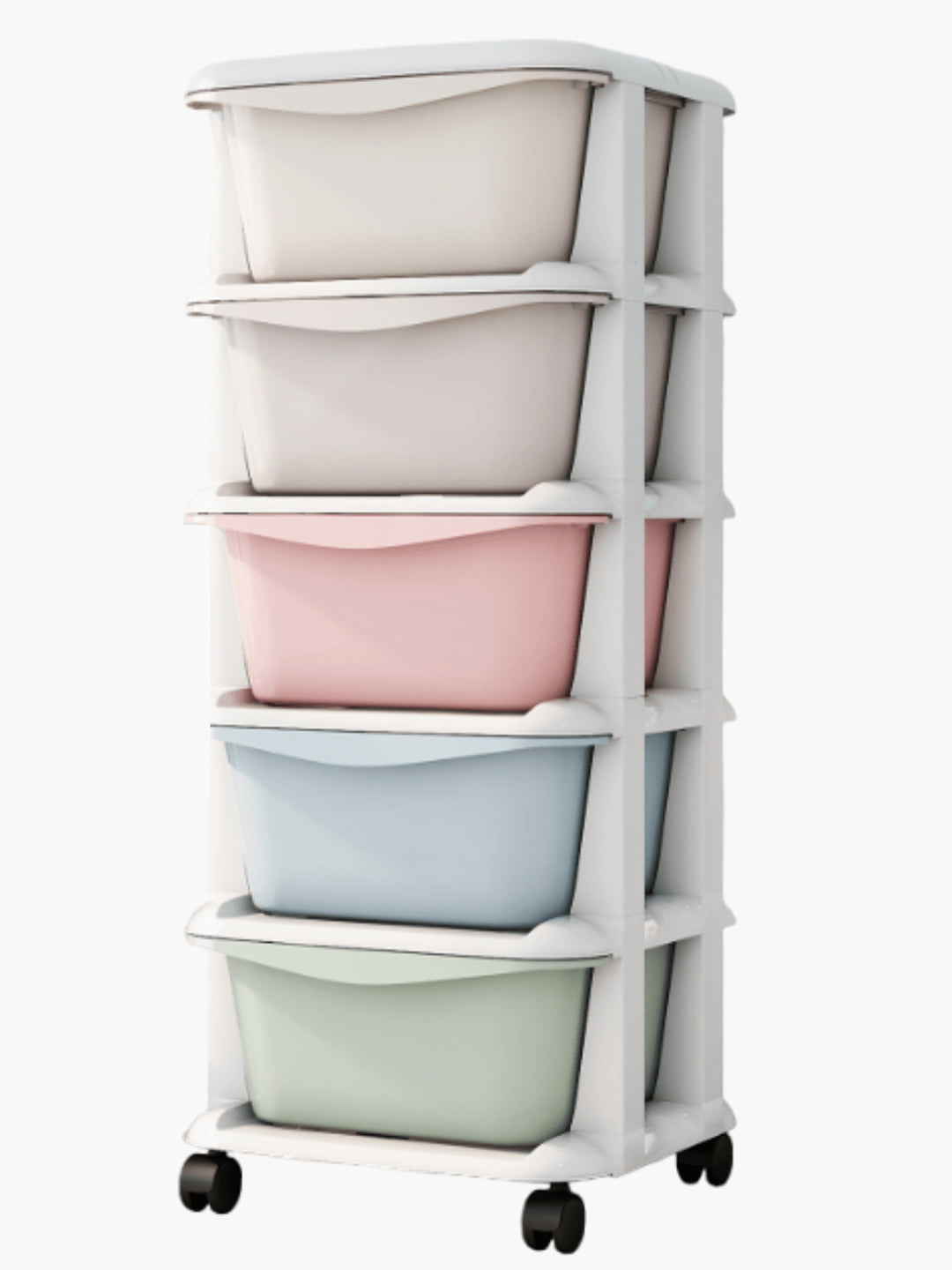 Stackable storage bins with wheels on a white background