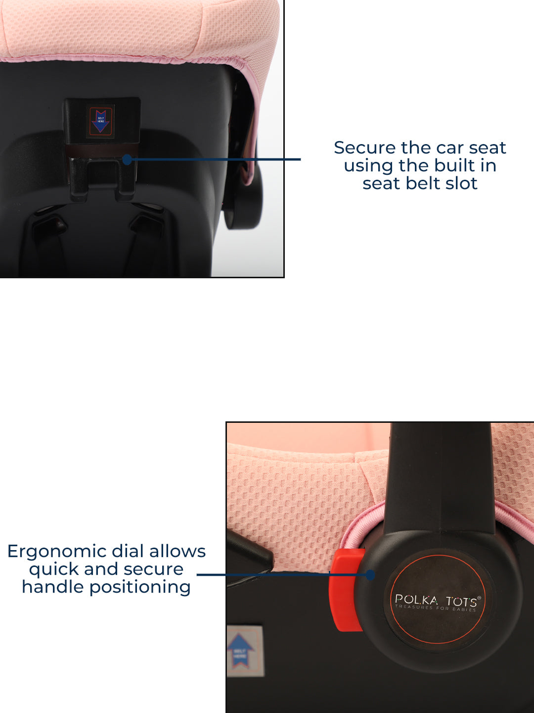 Car seat with built-in seat belt slot and ergonomic dial, featuring Polka Tots branding.