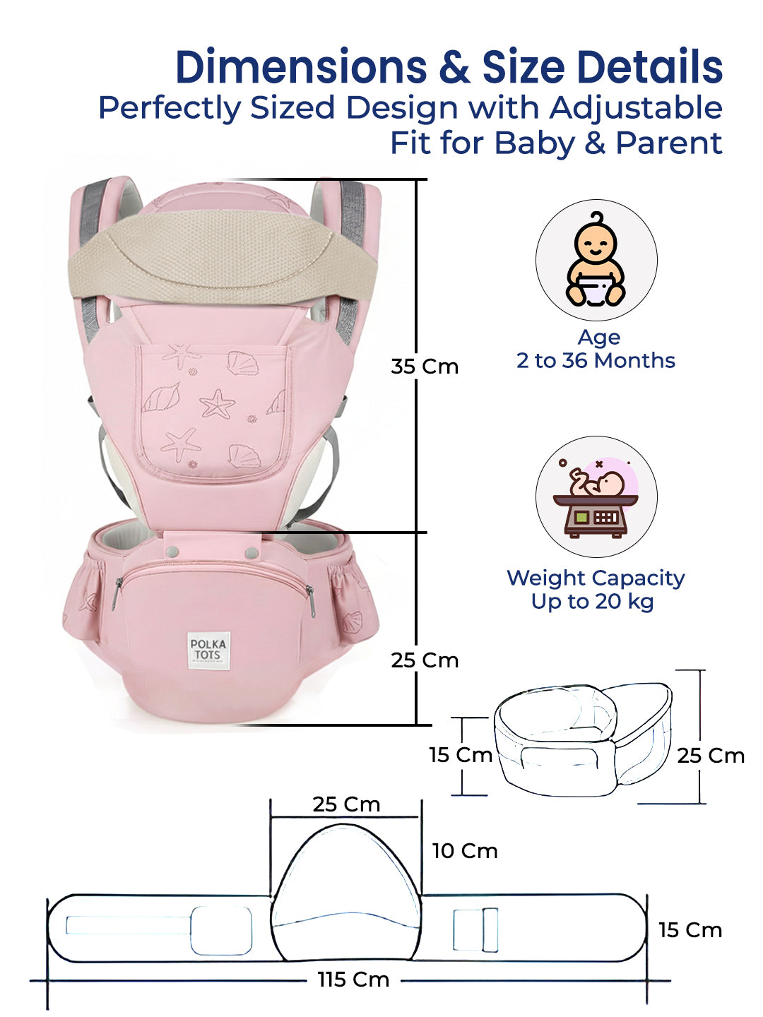 Baby carrier with dimensions and size details on a white background