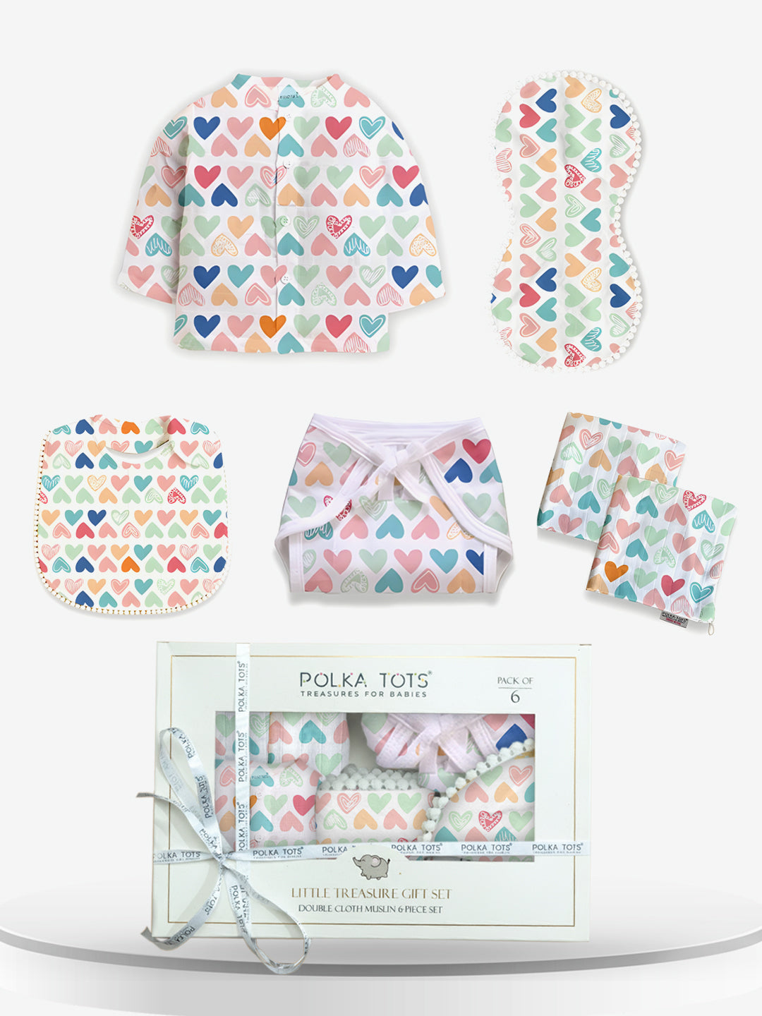 Polka Tots Newborn Pack of 6 100% Soft Double-Layer Muslin Cotton Essentials Gift Box - Mini Hearts Print