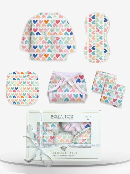 Polka Tots Newborn Pack of 6 100% Soft Double-Layer Muslin Cotton Essentials Gift Box - Mini Hearts Print