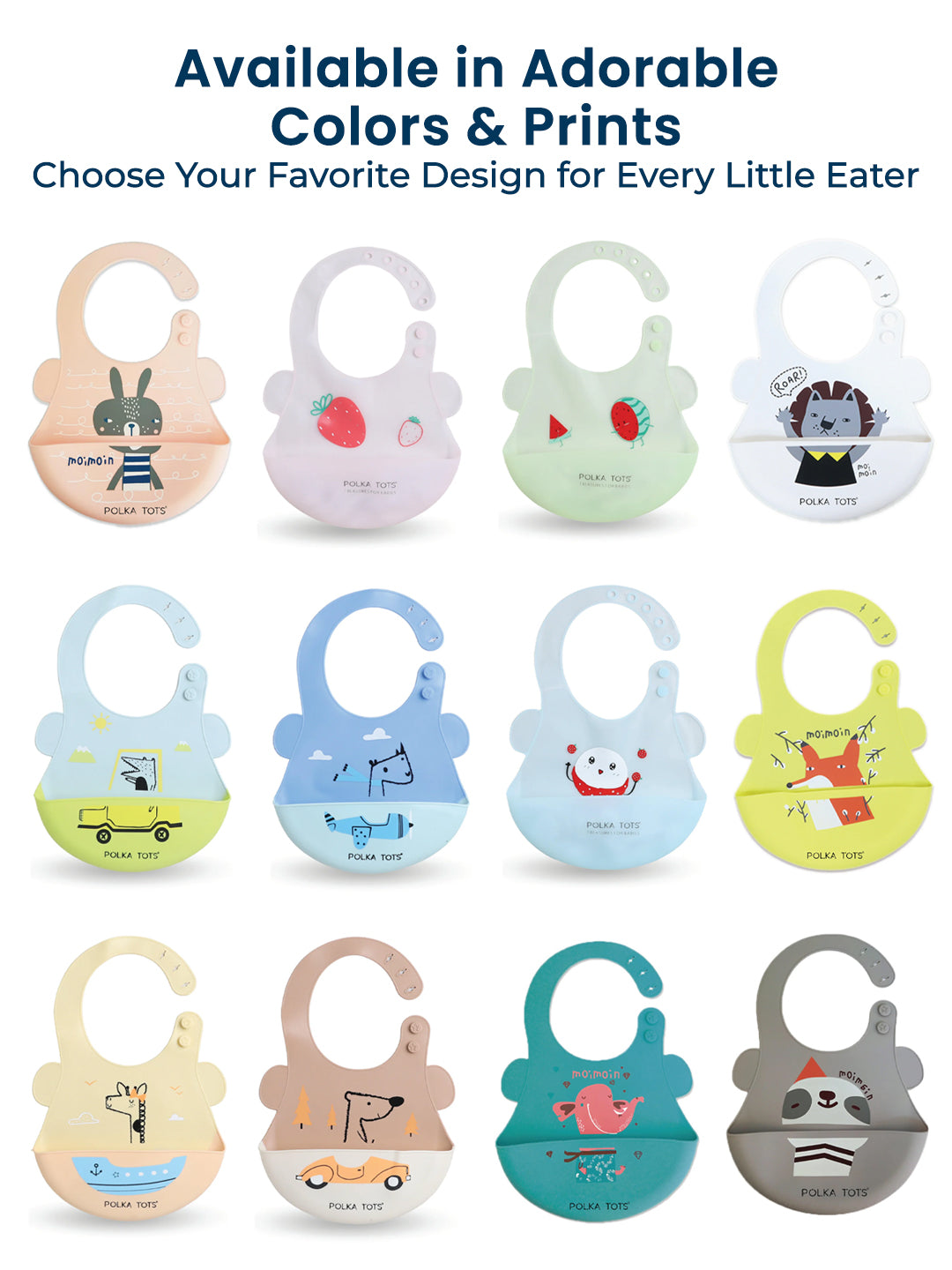 Collection of colorful baby bibs with various designs on a white background