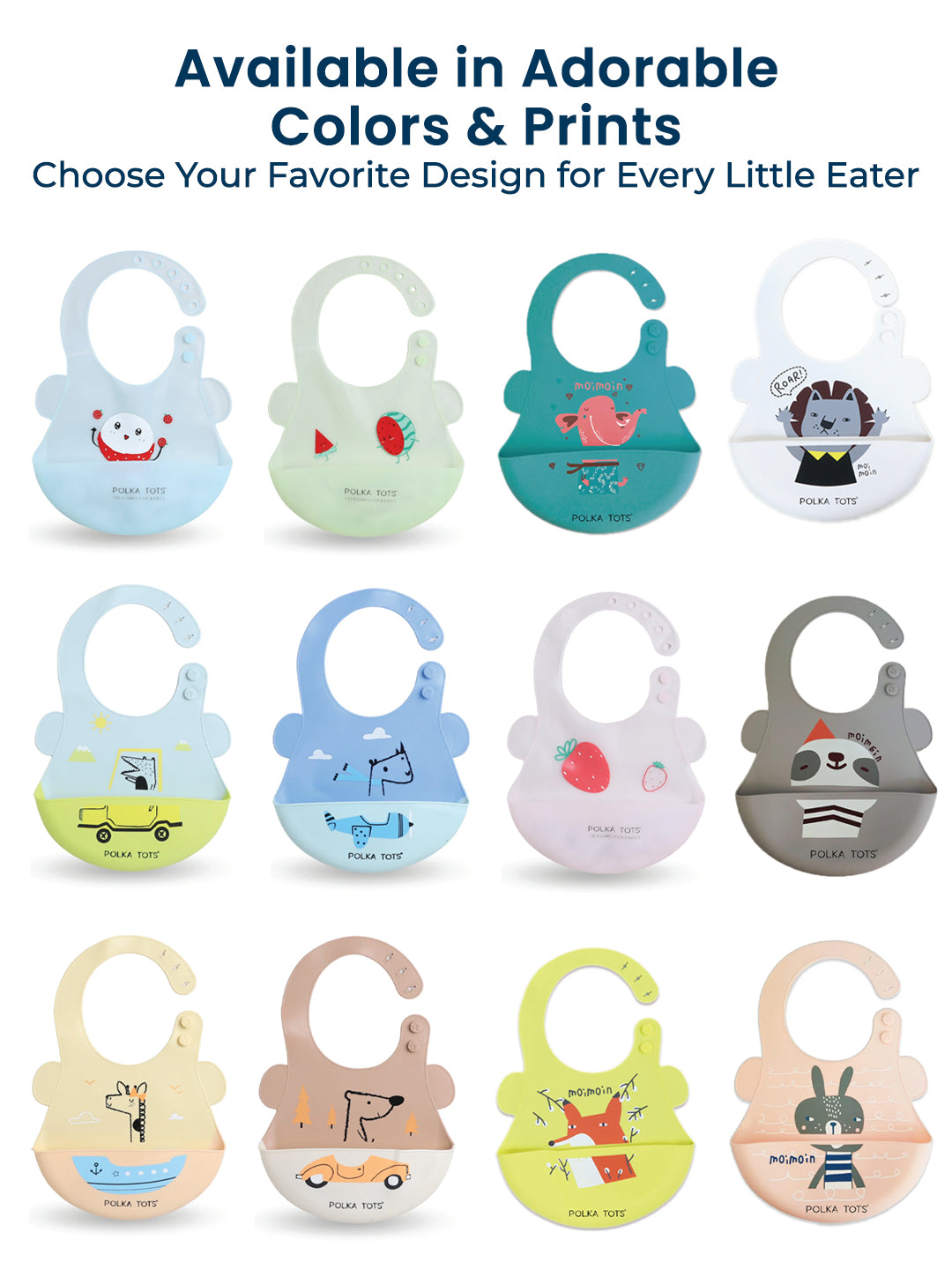 Collection of colorful baby bibs with various designs on a white background.