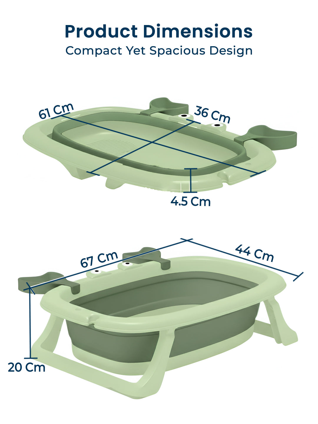 Dimensions of a green folding bathtub with measurements labeled