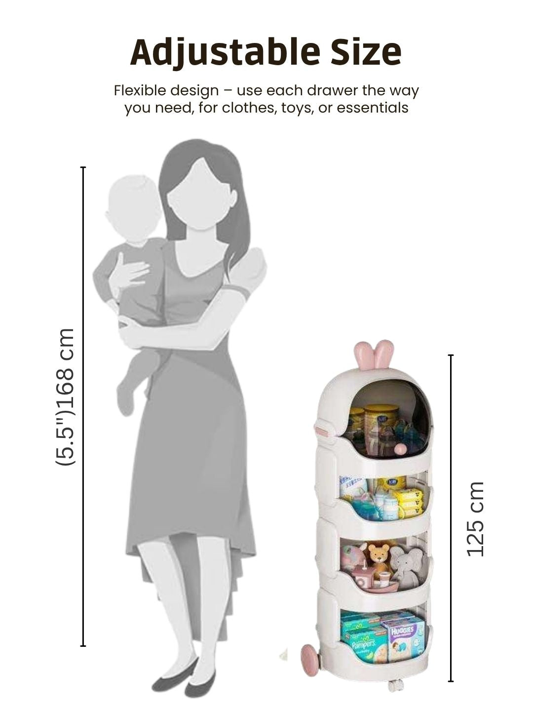 Three-layer storage organizer with dimensions and a woman holding a baby for scale.