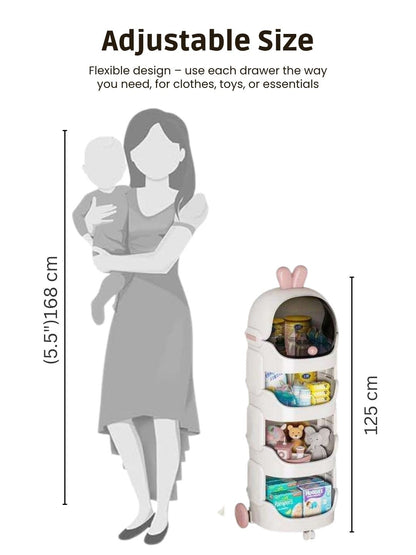 Three-layer storage organizer with dimensions and a woman holding a baby for scale.