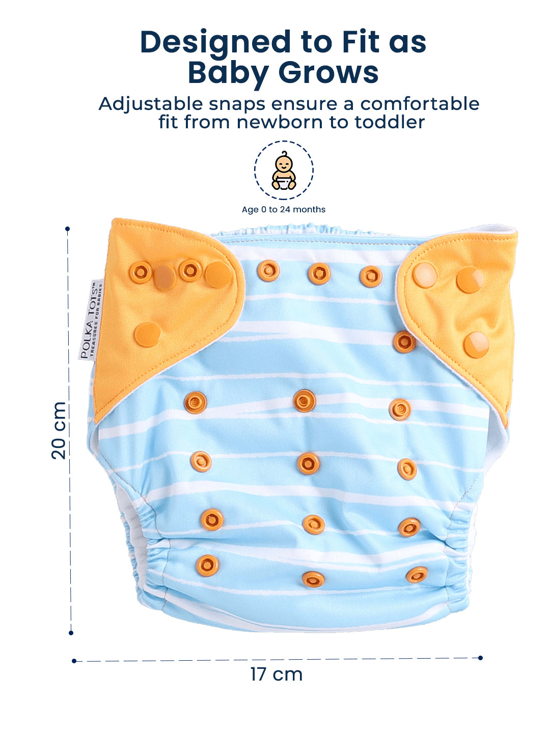 Baby diaper with adjustable snaps, designed to fit from newborn to toddler, on a white background.