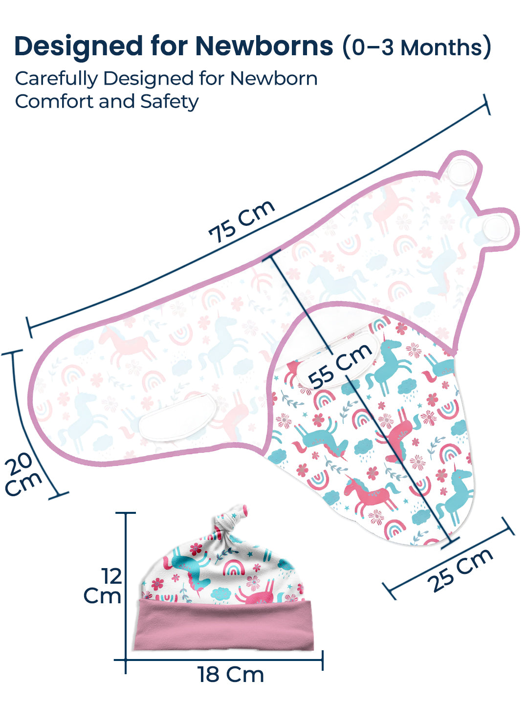 Measurement chart for a baby product designed for newborns, showing dimensions and comfort safety features.