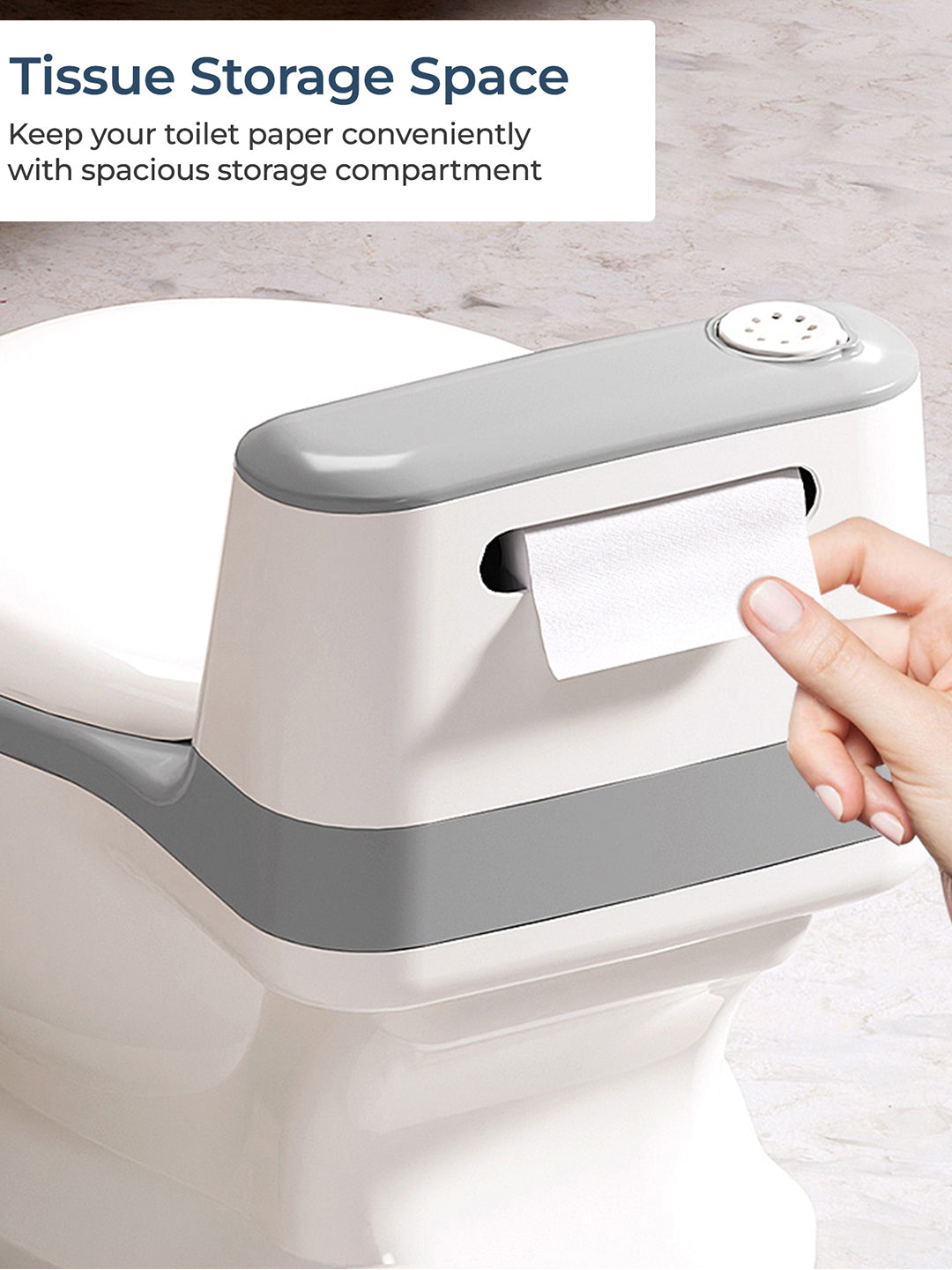 Toilet tissue storage space with a hand reaching for toilet paper