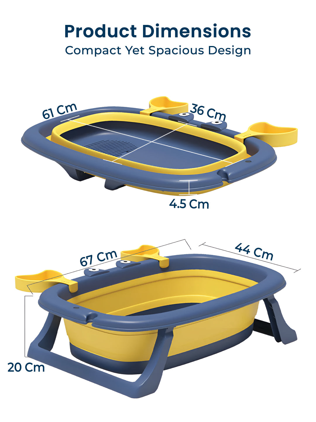 Collapsible bathtub with dimensions labeled on a white background