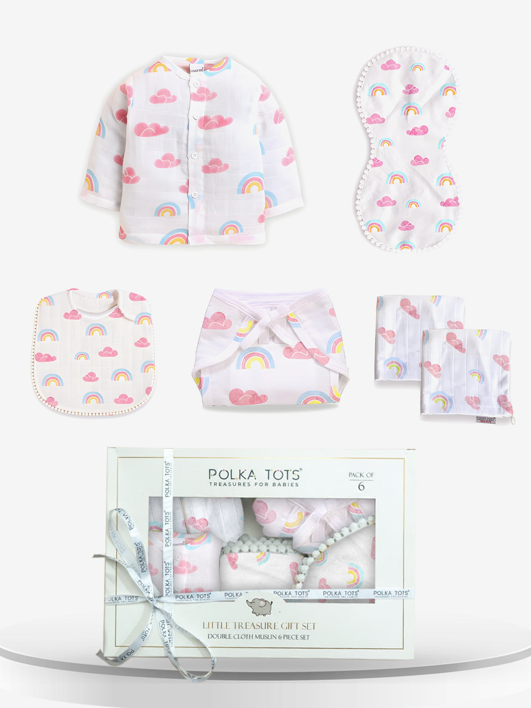 Polka Tots Newborn Pack of 6 100% Soft Double-Layer Muslin Cotton Essentials Gift Box - Rainbow Mist Print