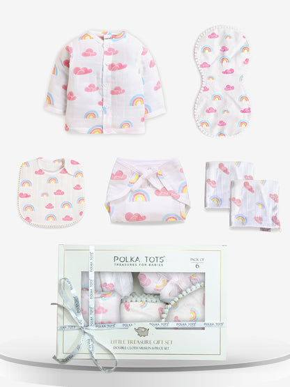 Polka Tots Newborn Pack of 6 100% Soft Double-Layer Muslin Cotton Essentials Gift Box - Rainbow Mist Print