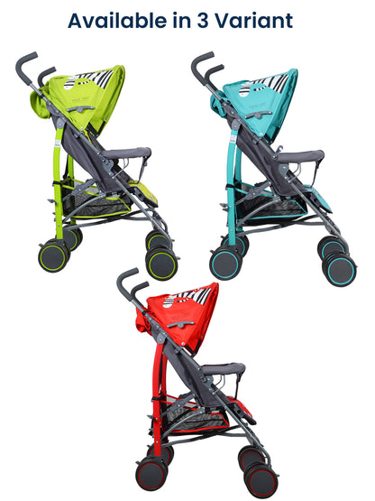 Three colorful strollers with a white background and text indicating variants.