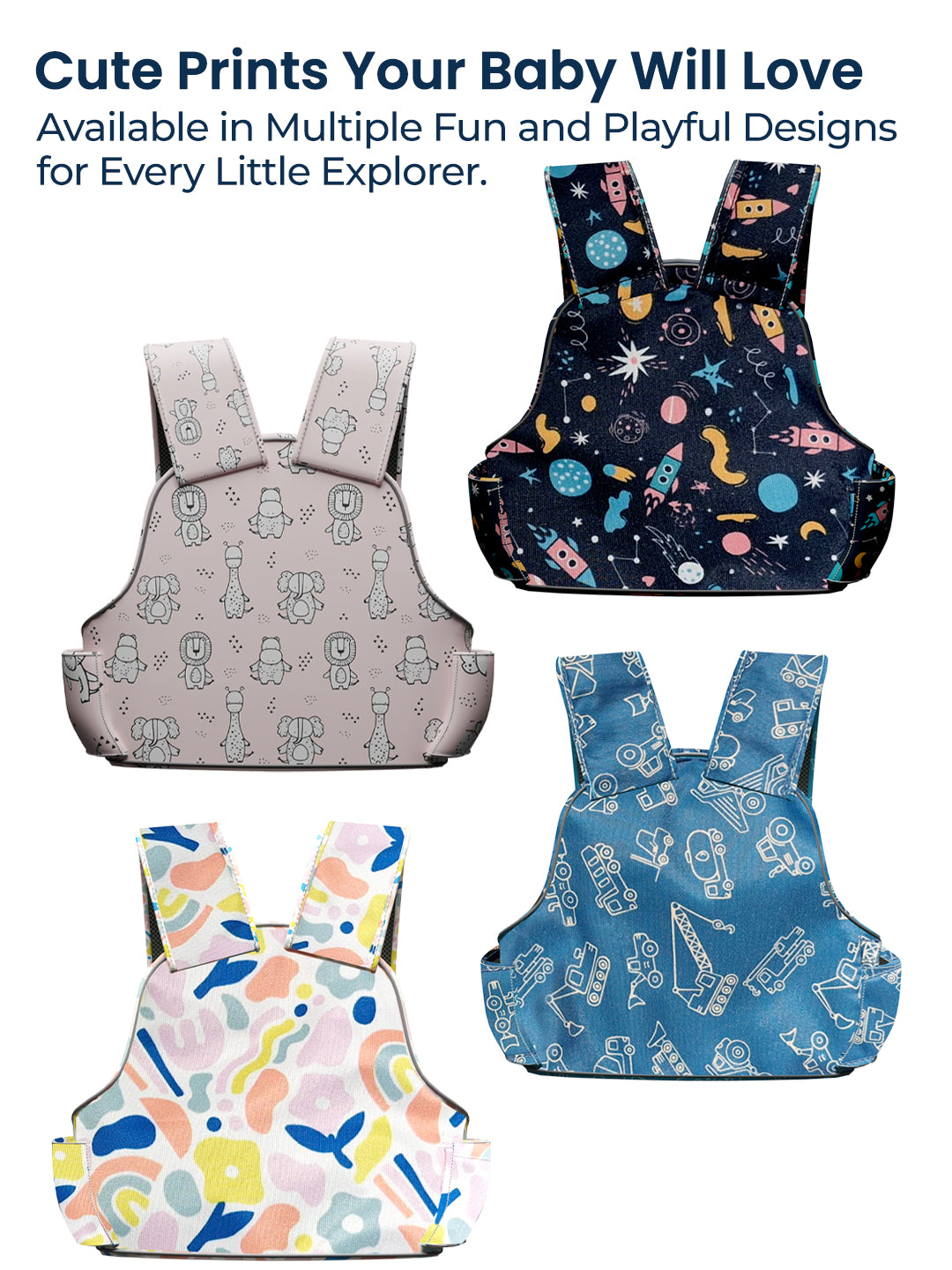 Four children's aprons with different patterns on a white background