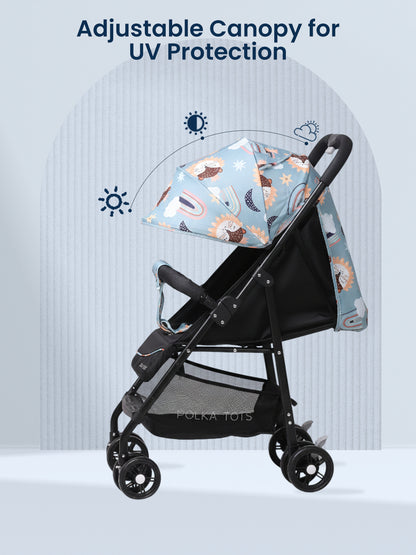 Black stroller with adjustable canopy for UV protection on a light gray background