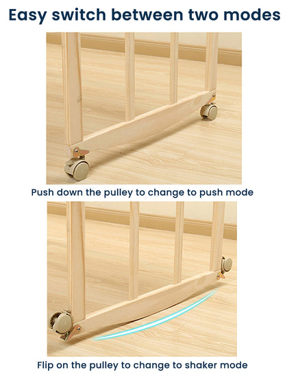 Wooden baby gate with pulley system showing mode switching instructions.