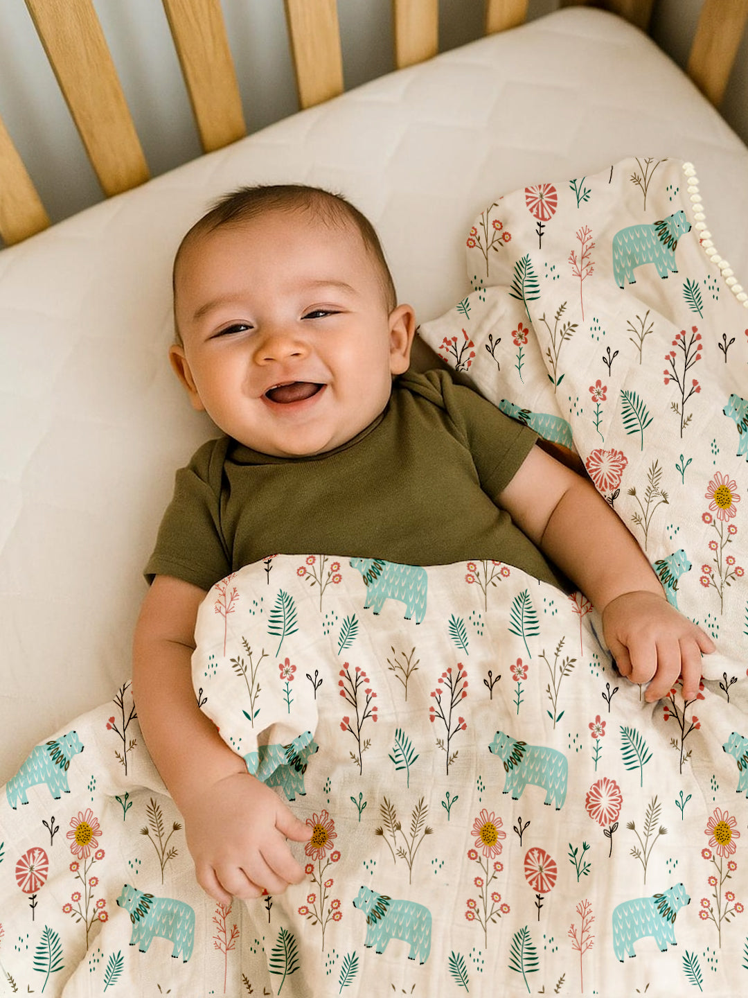 Polka Tots 100% Soft Muslin Cotton 3-Layer Reversible Baby Blanket/Dohar with Pom-Pom Lace - Mini Hearts & Bloomy Bear Print