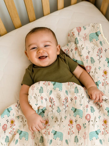 Polka Tots 100% Soft Muslin Cotton 3-Layer Reversible Baby Blanket/Dohar with Pom-Pom Lace - Mini Hearts & Bloomy Bear Print