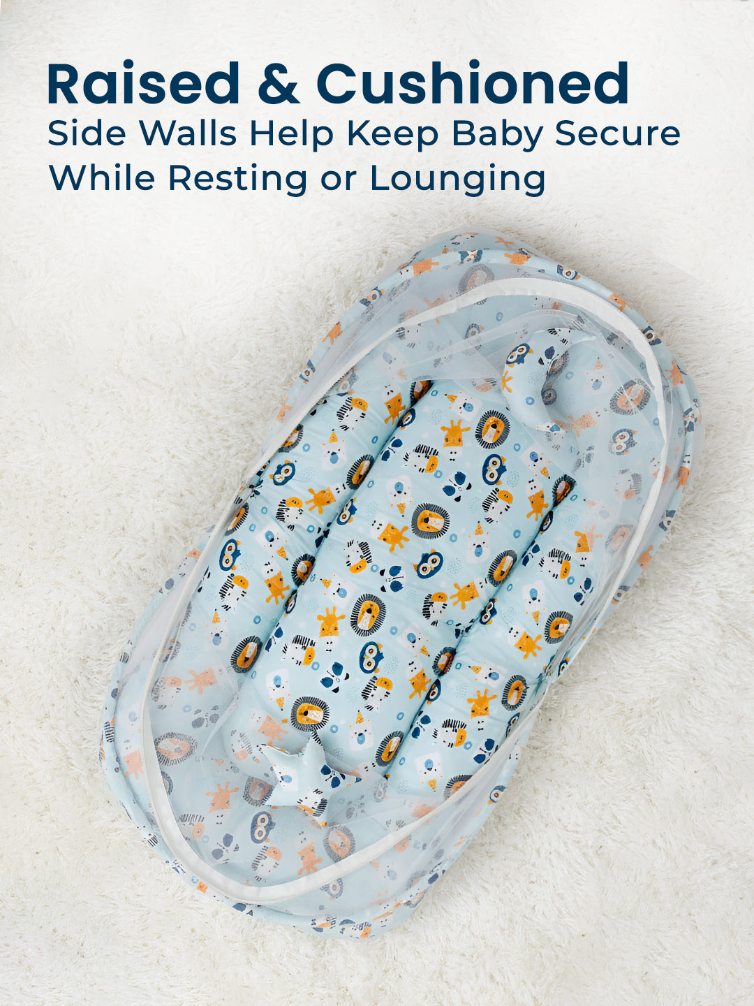 Baby bassinet with raised and cushioned side walls on a light background