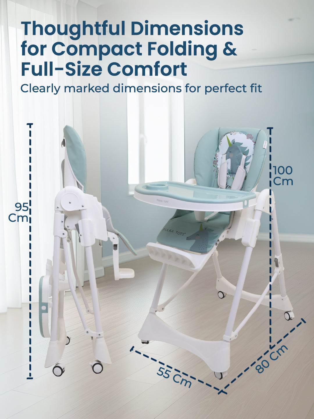 High chair with dimensions indicated on a white background