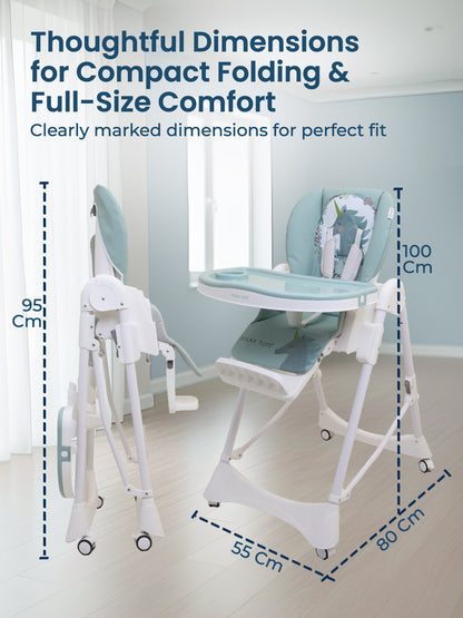 High chair with dimensions indicated on a white background