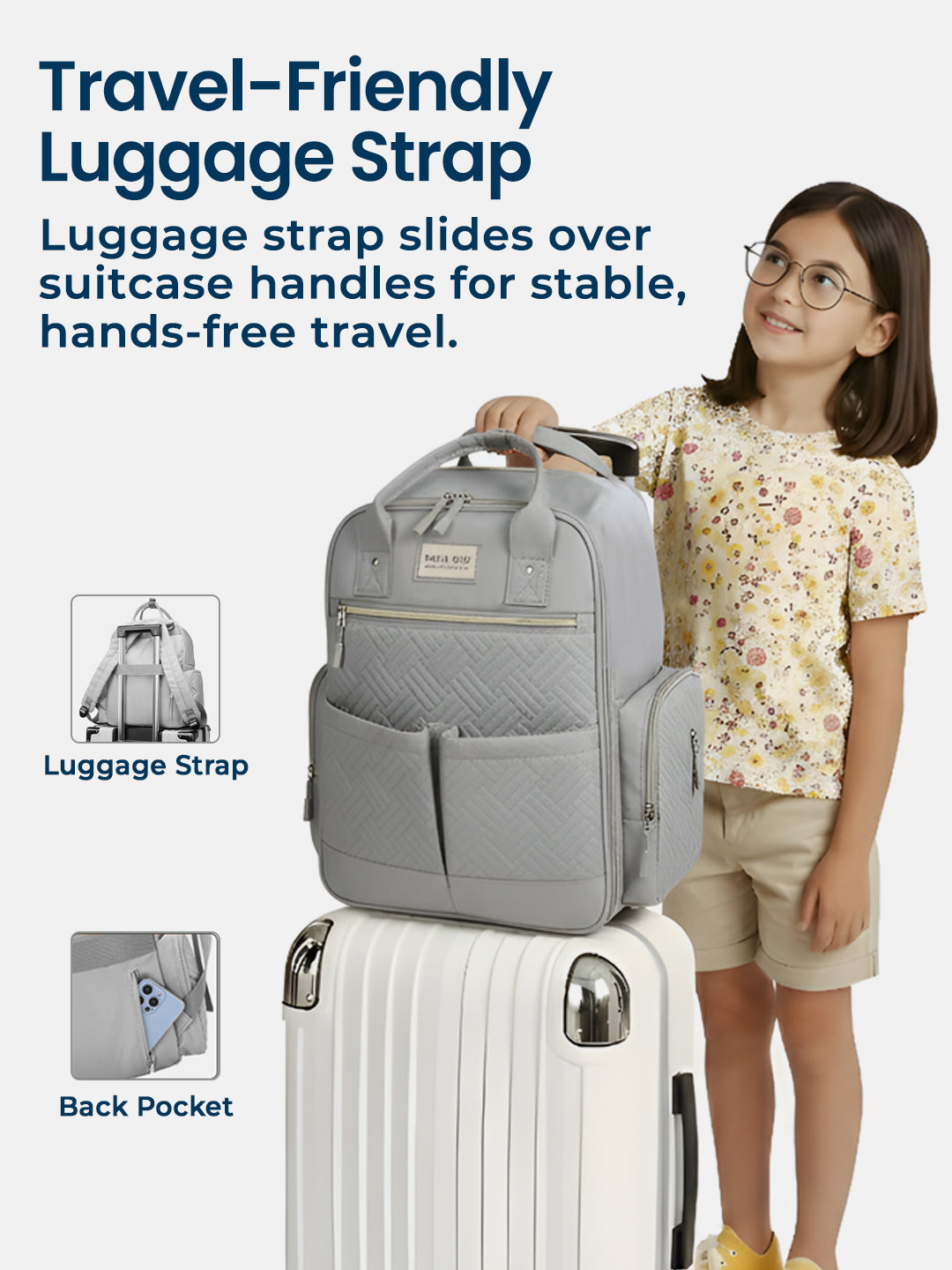 Girl using a travel-friendly luggage strap on a suitcase with product details displayed.