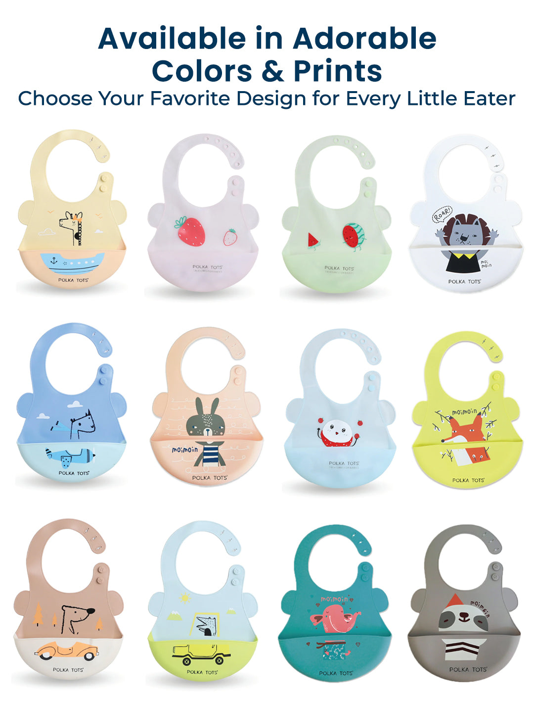 Collection of colorful baby bibs with various designs on a white background