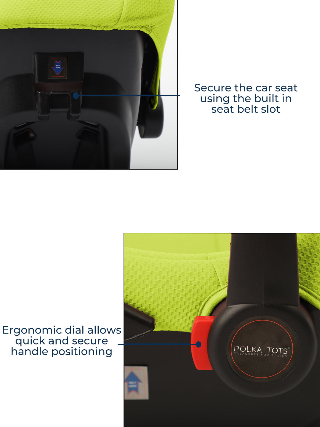 Car seat with built-in seat belt slot and ergonomic dial, featuring Polka Tots branding.