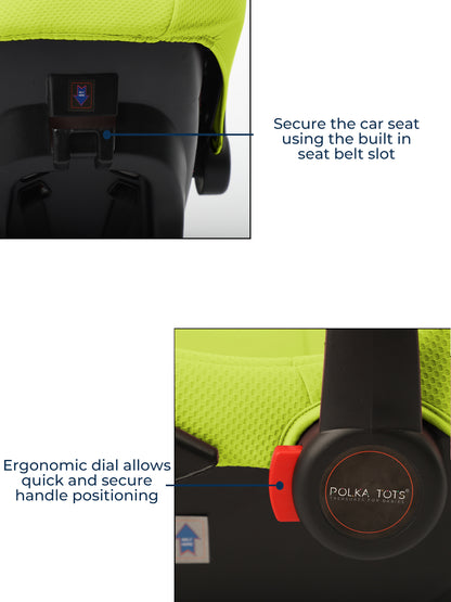 Car seat with built-in seat belt slot and ergonomic dial, featuring Polka Tots branding.