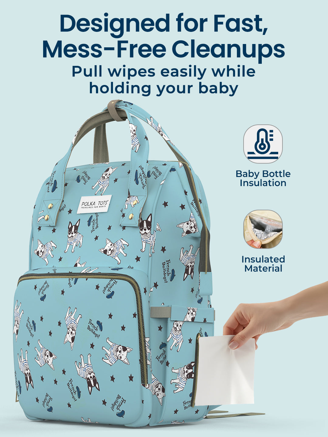 Diaper bag with baby bottle insulation and insulated material features, on a light blue background.