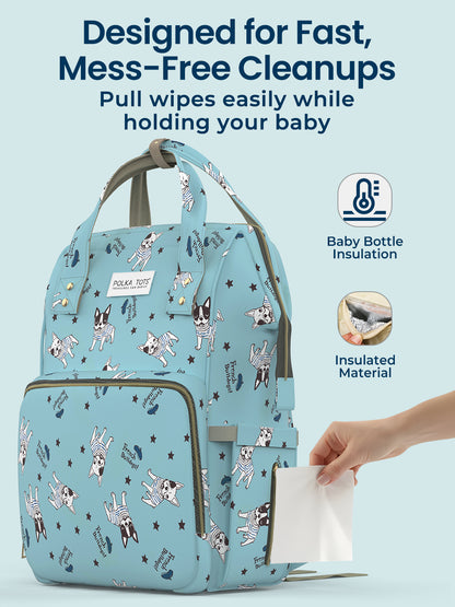 Diaper bag with baby bottle insulation and insulated material features, on a light blue background.