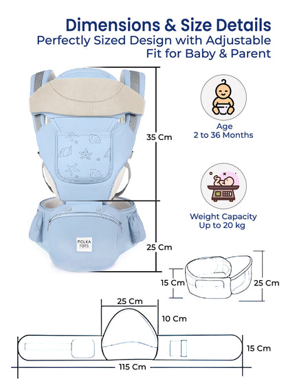Baby carrier with dimensions and size details on a white background