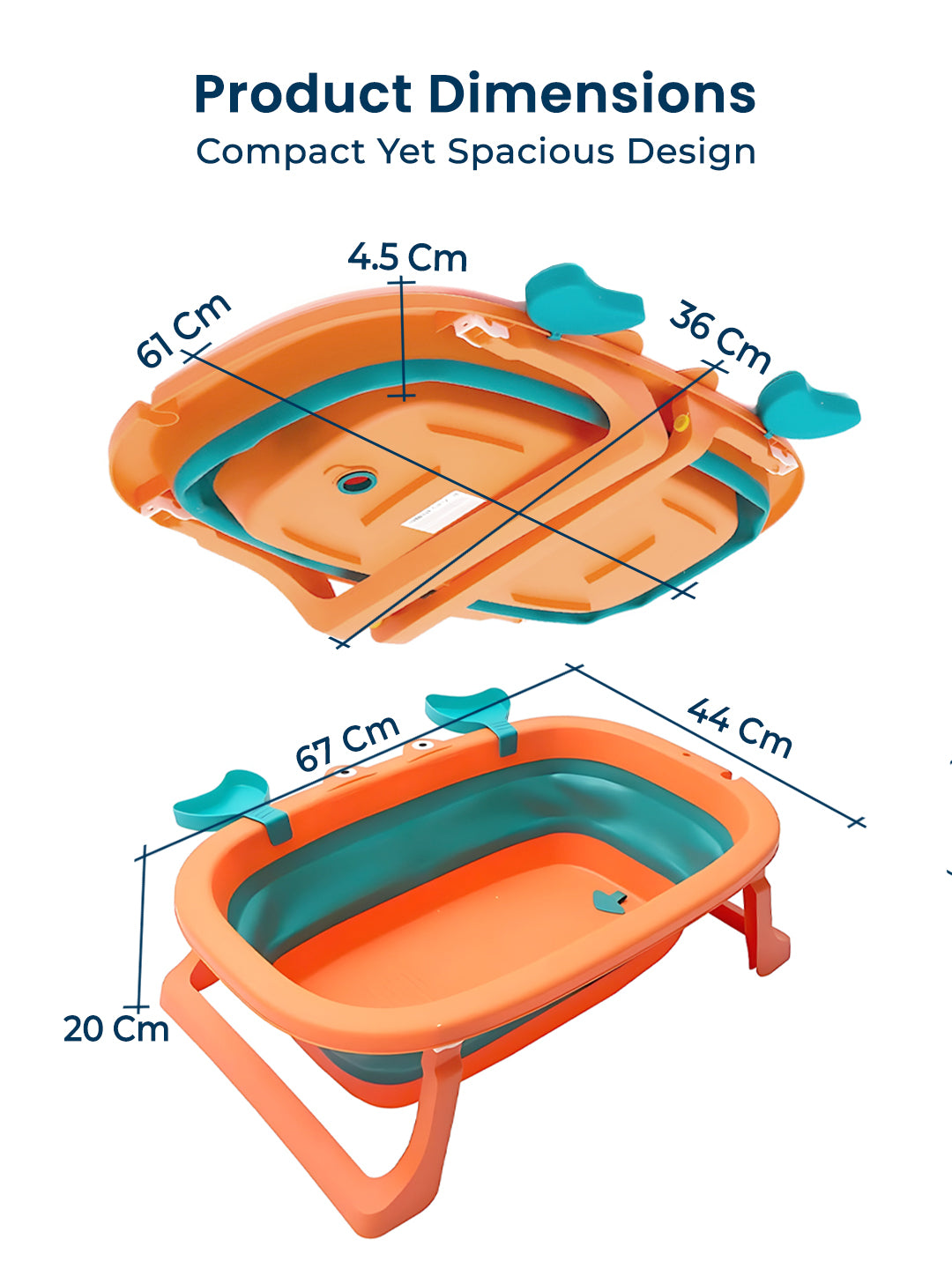 Compact folding bathtub with dimensions labeled on a white background