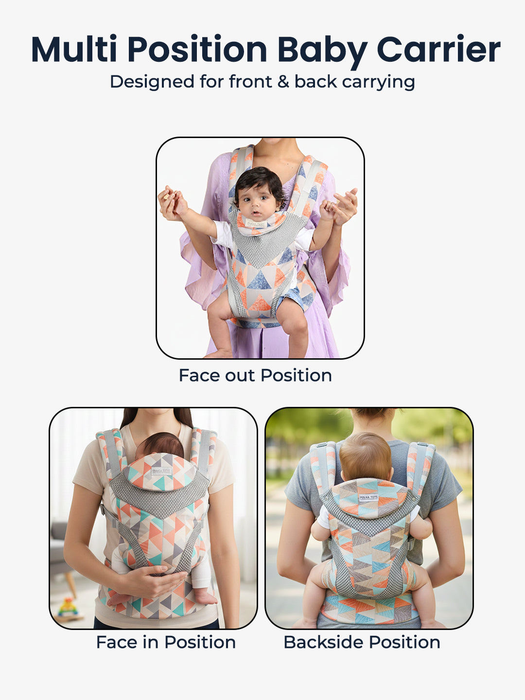 Multi-position baby carrier with images showing front, back, and side positions on a white background.